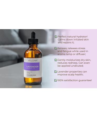Lavender Essential Oil 4 oz - 100% Pure & Natural Therapeutic Grade for Aromatherapy, Massage & Skincare by Velona - Buy Online on GoSupps.com