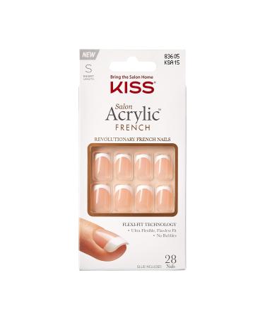 KISS Salon Acrylic Press On Nails Nail glue included 'Bonjour' Nude/White Short Size Squoval Shape Includes 28 Nails 2g Glue 1 Manicure Stick 1 Mini File