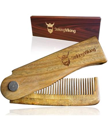 Striking Viking Folding Wooden Comb - Men's Hair, Beard & Mustache Comb - Pocket Sized Sandal Wood Comb for Everyday Grooming, Use Dry or with Balms and Oils - Beard Gift for Men