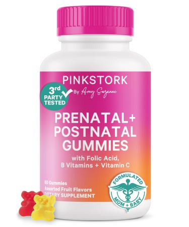 Pink Stork Fertility + Prenatal + Postnatal Gummy Vitamins Full Motherhood Journey Support Multivitamin with Folate B Vitamins Zinc & Biotin Postpartum Essentials - 60 Assorted Fruit Gummies