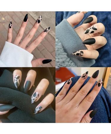 24Pcs Medium Tip Matte Black Frosting Leopard False Nails - Short Press Full Cover Fake Nails for Women and Girls - Buy Online on GoSupps.com