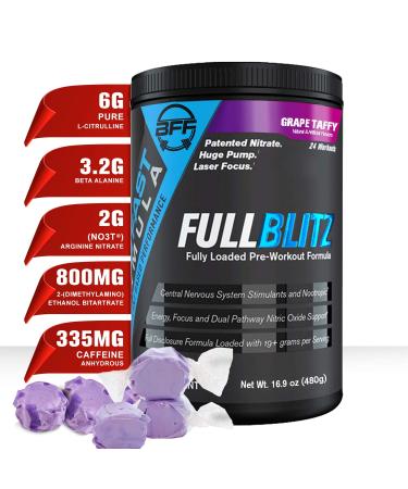 FULLBLITZ by BFF Build Fast Formula | Fully Loaded Pre-Workout | Energy Booster + Huge Dual Pathway Nitric Oxide Boosting Muscle Pumps, Laser Focus & Nootropic Blend – 24 Workouts (Grape Taffy)