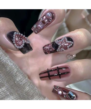Long Coffin Press on Nails Black Pink False Nails Stars Love with Pearl Design Fake Nails Full Cover Gel Nail Kit for Womens 24pcs Black pink-001