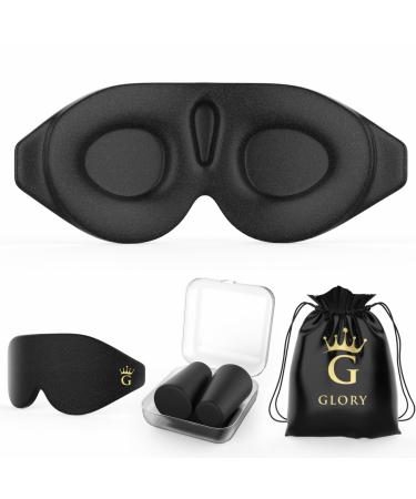Glory 3D Memory Foam Sleeping mask for Men and Women - Extra Soft Earplugs and Comfort Travel Cover for Eye Sleep mask 100% Blockout Light Upgraded Eye Cover with Adjustable Strap (Black)