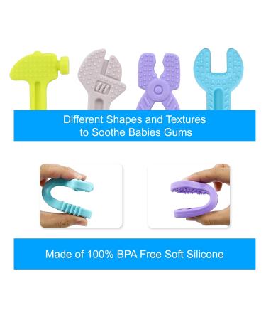 Ryfan Baby Teething Toys - BPA Free Silicone Toolbox Teether Car Seat Toys (4-Pack) - Includes Storage Box and 2 Pacifier Clips - Ideal for Babies 0-12 Months - Buy Online on GoSupps.com
