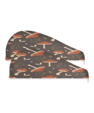 Mushrooms Leaves Dry Hair Cap 2 Piece Quick Drying Towel Set with Button Headband Super Absorbent Soft & Comfortable