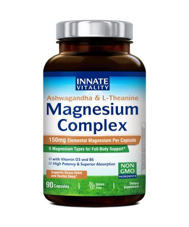 Innate Vitality Magnesium Complex, Magnesium Glycinate Citrate Malate Taurate with Ashwagandha L-Theanine Vitamin D3 & B6, High Absorption, Full Spectrum, Bones Stress Sleep Support, 90 caps