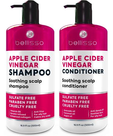 Apple Cider Vinegar Shampoo and Conditioner Set - Sulfate and Paraben Free Anti Dandruff Soothing Scalp Treatment with Biotin  Keratin  Avocado  Coconut  Argan Oil  Men and Women  2 x16 Fl Oz