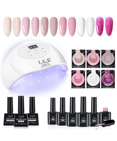 LKE Gel Nail Polish Kit with UV Light Starter Kit  72W LED UV Nail Lamp with 6 Colors Nude Pink White Gel Nail Polish Set with Gel Top and Base Coat Nail Art DIY Manicure Gel Nail Kit Gifts for Women M02-Pink Nude