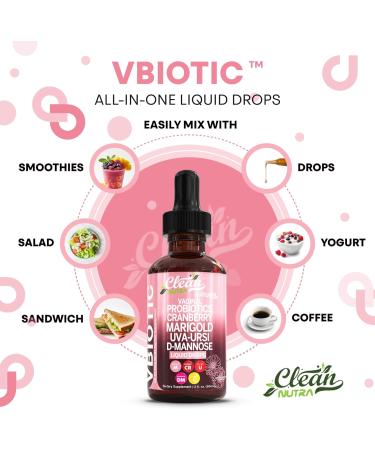 Clean Nutraceuticals VBiotic Vaginal Probiotic for Women Liquid Drops | Cranberry Uva Ursi Horsetail D-Mannose Prebiotics Marigold & Black Cohosh Vaginal Health Supplement | pH Balance 1 - Buy Online on GoSupps.com