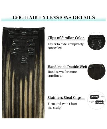 Doores Clip-In Real Hair Extensions - Balayage Natural Black to Light Blonde 40cm (16 inch) 150g Remy Human Hair 9 Pieces Thick & Natural Look - Buy Online on GoSupps.com