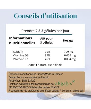 Calcium Vitamin D3 and K2 (MK7) | Bone Health and Immunity | Vegan | High Absorption | Essential Minerals for Bone Muscle and Teeth | Made in France | Up to 2 Months of Treatment | Argalys Essentials - Buy Online on GoSupps.com