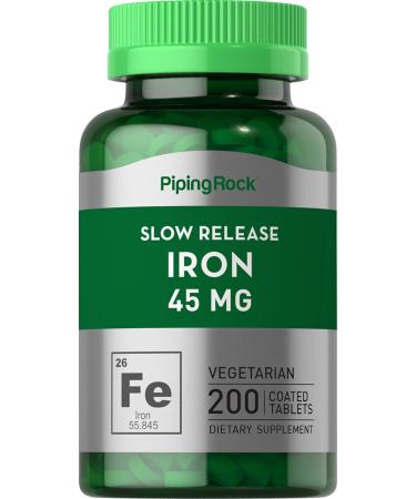 Slow Release Iron Supplement 45mg | 200 Tablets | Ferrous Sulfate | Vegetarian Non-GMO Gluten Free | by Piping Rock