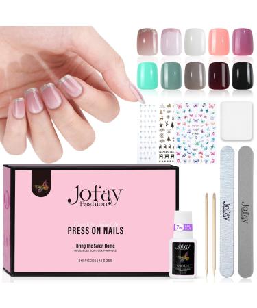 240 Pcs Press On Nails Short Kit - Glitter French Press On Nails Square 10 Packs Acrylic Glue On Nails with Nail Glue 12 Sizes Glossy Soft Gel Fake Nails Fit Perfectly Natural Stick On Nails TZ10-44