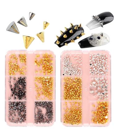 12 Grids Mini Metal Rivet Punk Nail Charms Gold Silver Black Cone Nail Art Studs Alloy Spike Studs Nail Jewels Nail Nail Charms for Acrylic Nails Decoration Accessories