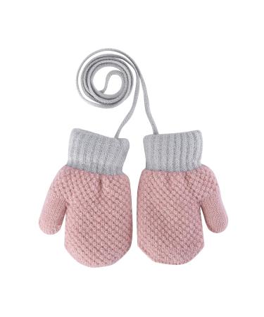 Kids Toddlers Thermal Gloves Mittens Winter Warm Thick Knitted Gloves with String Fluffy Full Finger Mittens Baby Fleece Lined Gloves Hanging Neck Mittens with Anti-Lost String for Boys Girls Age 1-4 Pink