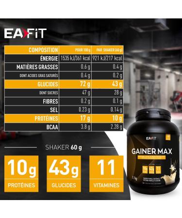 EAFIT -GAINER MAX - Muscle gain-Hypercarbohydrate drink-Intense Vanilla-A supply of carbohydrates vitamins for sports for weight gain-protein shaker for bodybuilding - Buy Online on GoSupps.com