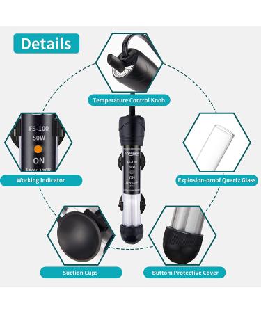 FREESEA Aquarium Fish Tank Heater - 50W Adjustable Thermostat with 2 Suction Cups and Thermometer for Betta, Saltwater, Aquarium, Coral Tank - Buy Online on GoSupps.com