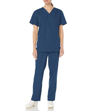 Cherokee Men and Women Scrub Set Modern Fit V-neck Scrub top with Mid Rise Drawstring Pants WW530C Medium Navy