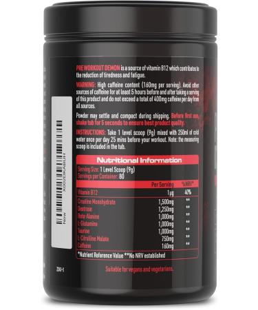 DEMON LABZ Pre Workout Demon PreWorkout Powder with Creatine BetaAlanine Glutamine & Vitamin B12 Berry Flavor 720g 80 Servings berry flavor 80 Servings 1er Pack - Buy Online on GoSupps.com