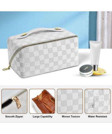 Aucuu Large Capacity Travel Cosmetic Bag for Women Girls PU Leather Waterproof Layered Storage Makeup Bag with Handle Portable Travel Organizer (Checkered White) #14 White-14 - Buy Online on GoSupps.com
