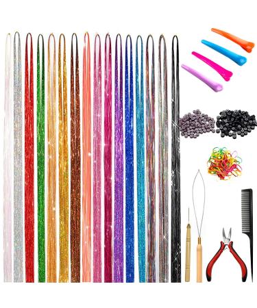 16 Colors Hair Tinsel Kit 3300 Strands Hair Tinsel Extensions 47 Inch Glitter Hair Extension Fairy Hair Tinsel Strands Kit Holographic Dazzle Colour Hair Extensions for Women Girls Party Cosplay