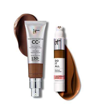 IT Cosmetics CC+ Cream with SPF 50+ Natural Finish Full Coverage Foundation (Neutral Deep - 1.08 fl oz) & Do It All Radiant Concealer Multivitamin Serum Makeup (610 Deepest Warm - 0.2 fl oz)