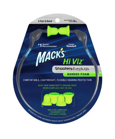 Macks Hi Viz Banded Foam Shooting Earplugs, 3 Pair with Band - Most Visible Color, Easy Compliance Checks, 28dB High NRR - Comfortable, Safe Ear Plugs for Hunting, Tactical, Target, Skeet and Trap