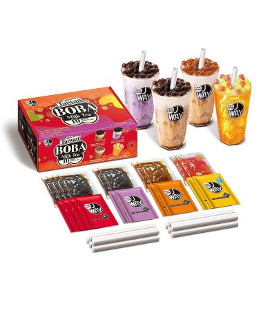 J WAY Instant Boba Bubble Pearl Variety Milk Tea Fruity Tea Kit with Authentic Brown Sugar Caramel Fruity Tapioca Boba, Ready in Under One Minute, Paper Straws Included - Gift Box - 10 Servings Variety Milk Tea with Fruity