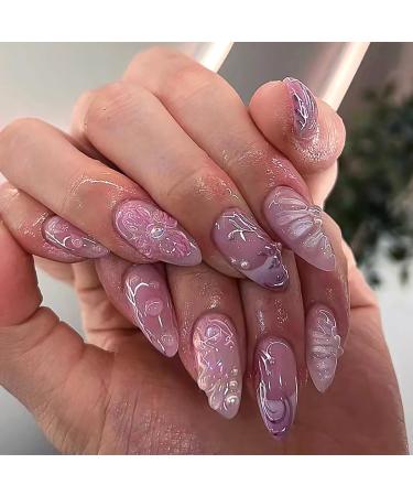 24Pcs Almond Press on Nails Medium Fake Nails Purple Flower & 3D Pearl Design Acrylic Nails French Press on Nails Pink False Nails Full Cover Glossy Stick on Nails for Women Girls Jelly Press on Nails A04
