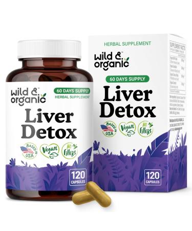 Wild & Organic Liver Detox Capsules - Milk Thistle Dandelion Root Turmeric Liver Cleanse Support - Silymarin Milk Thistle Supplement - 120 Vegan Capsules - 2-Month Supply - Non-GMO 120 Count (Pack of 1)