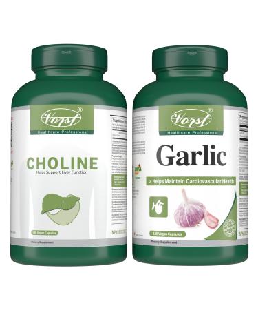 VORST Choline Bitartrate 180 Vegan Capsules & Garlic 180 Vegan Capsules (Combo Bundle 2 Bottles)