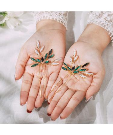 Flatser Green Crystal Wedding Hair Pins - Pack of 2 | Gold Rhinestone Bridal Accessories for Women - Buy Online on GoSupps.com