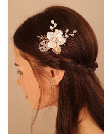 Deniferymakeup Gold Flower Hair Comb Leaf and Pearl Boho Hair Piece for Women Wedding Brides Bridesmaid