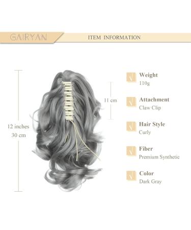 Gairyan 30cm Dark Gray Ponytail Hairpiece - Long Curly Claw Clip & Braid Extensions for Women | Synthetic Wavy Hair Extensions - Buy Online on GoSupps.com