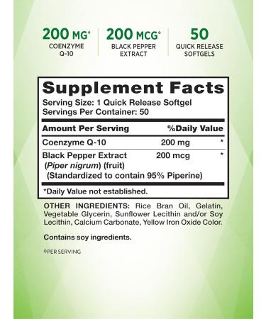 Nature's Truth CoQ10 200 mg Softgels - Enhanced Absorption Supplement with Black Pepper Extract | Non-GMO Gluten Free | 50 Count for Optimal Health - Buy Online on GoSupps.com