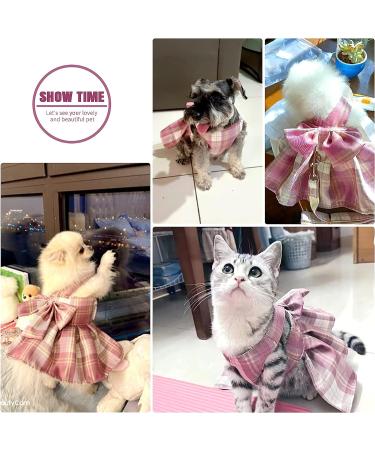 PETCARE Plaid Dog Dress Bow Tie Harness Leash Set | Small Dogs & Cats | Princess Puppy Outfit | Chihuahua Yorkies | Spring Summer Clothes | Pink (Suggested 3-5 lbs) - Buy Online on GoSupps.com