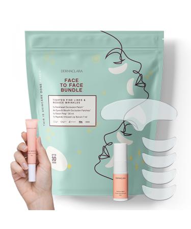 Dermaclara Silicone Face Patches Kit - Anti-Wrinkle Patches for Frown & Smile Lines Silicone Anti-Wrinkle Reusable Pads Up to 30 Uses - 1 Forehead 4 Eye & Mouth 1 Cleanser 1 Peptide Lip Serum