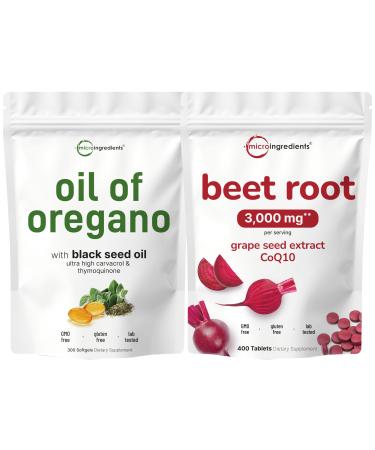 Micro Ingredients Oil of Oregano Softgels & Beet Root 3 000mg Tablets with Grape Seed + CoQ10 Bundle Pack | 4X Strength Thymoquinone with Black Seed | Natural Nitric Oxide Support