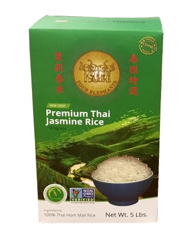 Four Elephants Premium Thai Jasmine Rice Certified Non-GMO 5 lbs 5.0 Pounds