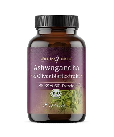 Ashwagandha KSM-66 extract with olive leaf extract - organic - 600 mg Ashwagandha extract per daily dose - 60 vegan capsules