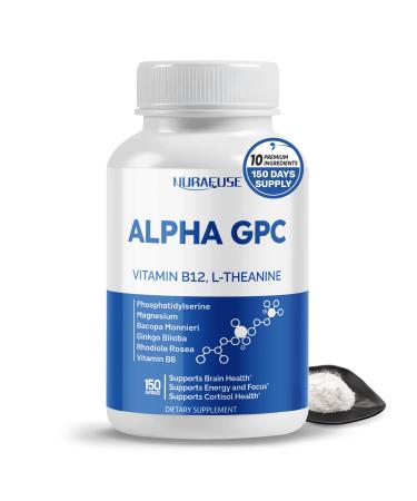 High Potency Alpha GPC with Vitamin B12 L-Theanine Phosphatidylserine Magnesium Bacopa Monnieri Ginkgo Biloba Supports Brain Health Energy & Focus Made in The USA 150 count (pack of 1)
