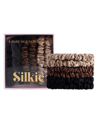 SILKIE x6 Set 100% Pure Mulberry Silk Black Brown Chocolate Pink Nude Neutral Skinny Scrunchies Travel Pouch Everyday Hair Ties Elastics Hair Care Ponytail Holder No Damage (Truffle)