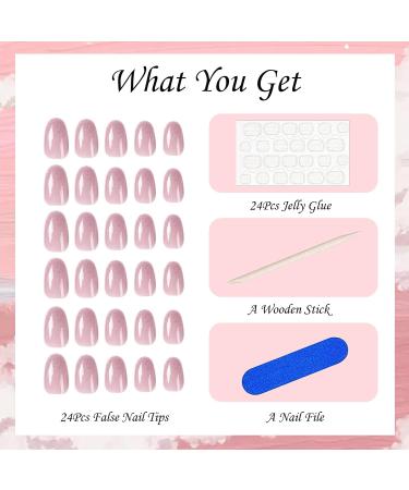 Glitter Pink Almond False Nails - 24Pcs French Press on Nails with Jelly Glue - Glossy Oval Fake Nails Tips for Women's Nail Art - Buy Online on GoSupps.com