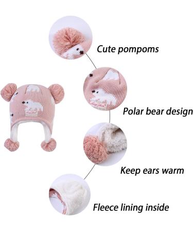LANGZHEN Polar Bear Pink Winter Hat for Baby Boys Girls 6-12 Months | Earflap Knit Warm Cap with Fleece Lining - Buy Online on GoSupps.com