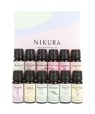 Nikura Advanced Essential Oil Gift Set - 12 x 10ml | Essential Oils for Diffuser for Home Aromatherapy Sleep Cleaning Skin | Bergamot Clary Sage Lavender Lemon Peppermint Rosemary Tea Tree 12 Set - Advanced