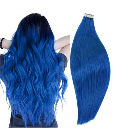 RUNATURE Tape in Hair Extensions Blue Human Hair Tape in Extensions Remy Tape Hair Extensions Human Hair Blue Tape in Hair Extensions 14 Inch 20 Gram 14 Inch Tape #Blue