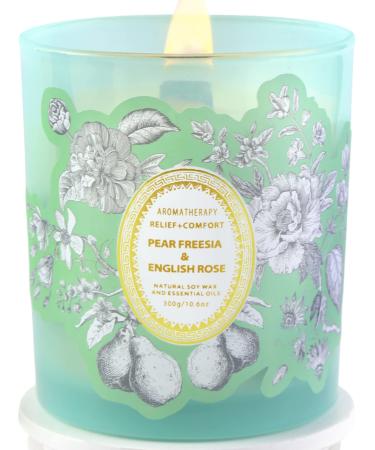 Pear Freesia & English Rose Scented Candle - Refreshing Roses Candles - Long Lasting Candles for Home Scented - Relaxing Aromatherapy Candles for Women - Natural Soy Wood Wick Candle Clean Burn
