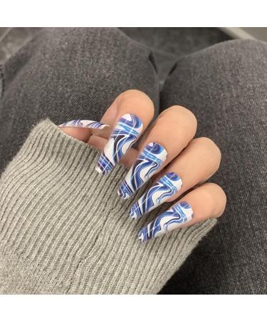 Runrayay Blue Press-On Nails - 24 Full Cover Acrylic Nail Set for Beginners | International Shipping - Buy Online on GoSupps.com