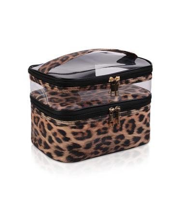 imerelez Double-layer Cosmetic Bag Makeup Bag Travel Makeup Bag Makeup Bags for Women Cosmetics Cases Portable Waterproof Foldable (Leopard)